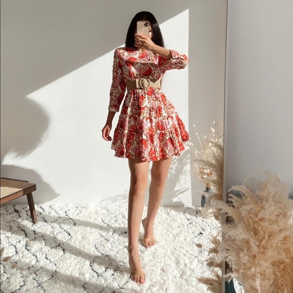 New Zara Mini Floral Dress S Red Pink - Picture 4 of 15